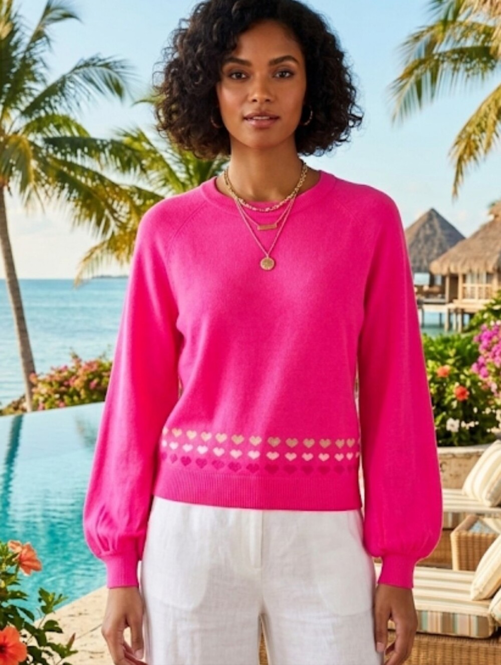 Lilly Pulitzer Alyona Sweater Pink Grenadine Heart Knit Crewneck Balloon Sleeve